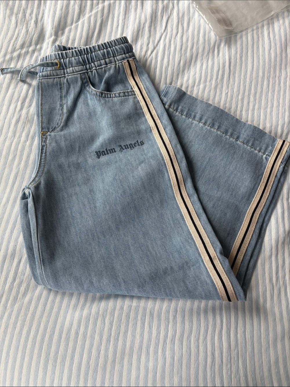 Palm Angels Light Blue Denim Track Pants with Cream & Black Side Stripes
